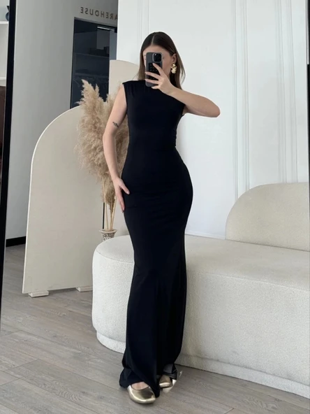 Kolsuz Uzun Likralı Elbise - Siyah - 4