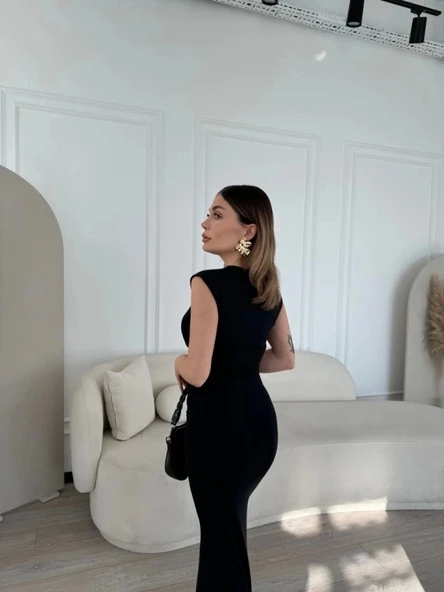 Kolsuz Uzun Likralı Elbise - Siyah - 2