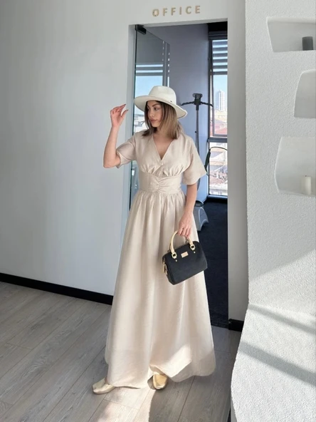 Kısa Kollu Uzun Elbise - Kırık Beyaz - 2