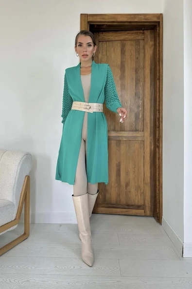 Yeşil Kolları Örgülü Triko Hırka