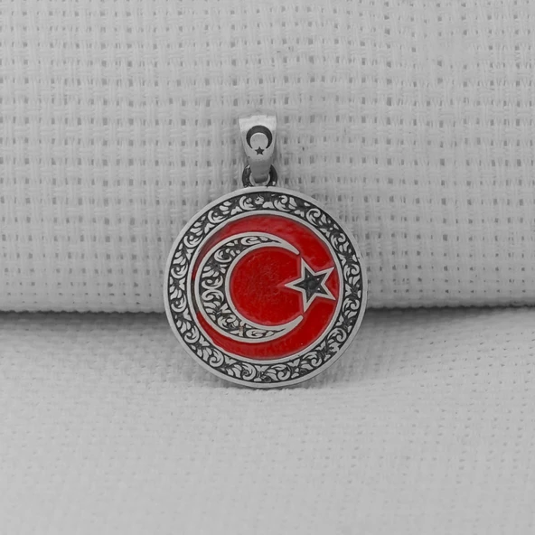 Gravür İşlemeli 925 Ayar Gümüş Orta Boy Ay Yıldız Kolye Ucu - Resim 2