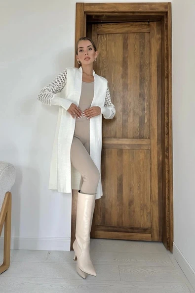 Ekru Kolları Örgülü Triko Hırka