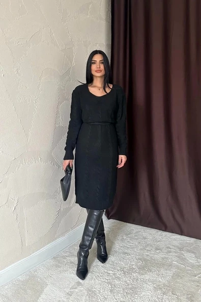 Siyah Kemerli Triko Elbise - 2
