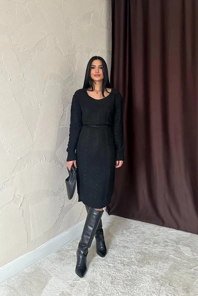 Siyah Kemerli Triko Elbise - 3