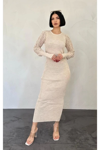 Taş Kolları Örgülü Triko Elbise