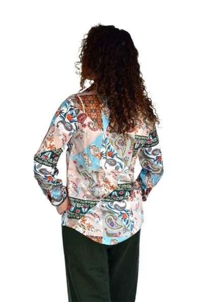 Kadın Saten Baskıkılı Desen Uzun Kol Gömlek BGL-ST04214 - Resim 8