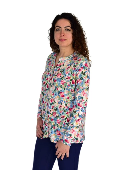 Kadın Çiçek Baskılı Düğmeli Viscon Bluz BGL-ST04275 - Resim 3