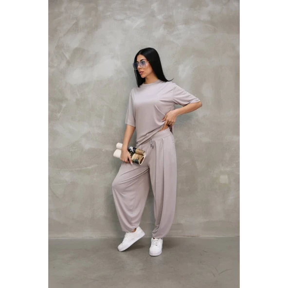 Lucky Life Kadın Modal Yumuşak Dokulu Kumaş Oversize Bisiklet Yaka T-shirt Jogger Eşofman Altı Eşofman Takımı - Gri