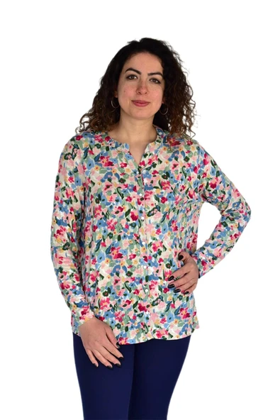 Kadın Çiçek Baskılı Düğmeli Viscon Bluz BGL-ST04275 - Resim 2