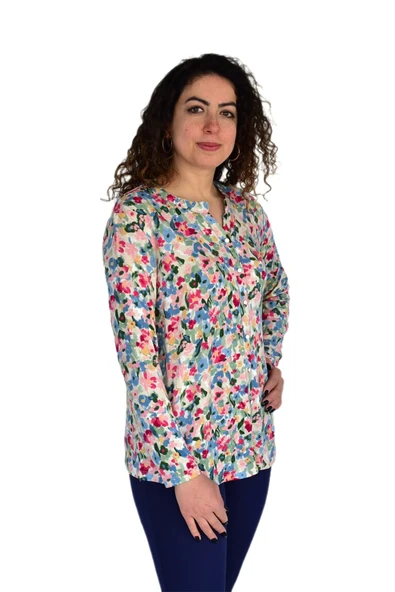 Kadın Çiçek Baskılı Düğmeli Viscon Bluz BGL-ST04275 - Resim 4