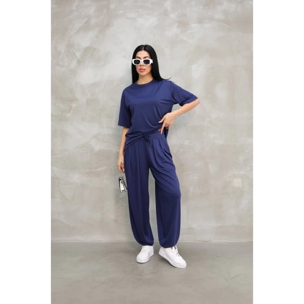 Lucky Life Kadın Modal Yumuşak Dokulu Kumaş  Oversize Bisiklet Yaka T-shirt Jogger Eşofman Altı  Eşofman Takımı  - Lacivert