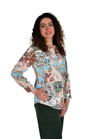 Kadın Saten Baskıkılı Desen Uzun Kol Gömlek BGL-ST04214 - Resim 6