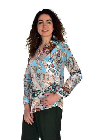 Kadın Saten Baskıkılı Desen Uzun Kol Gömlek BGL-ST04214 - Resim 4