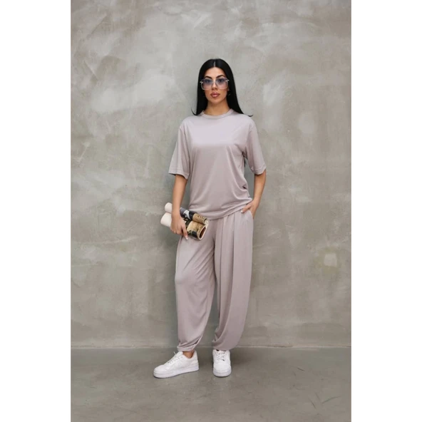 Lucky Life Kadın Modal Yumuşak Dokulu Kumaş Oversize Bisiklet Yaka T-shirt Jogger Eşofman Altı Eşofman Takımı - Gri - 2