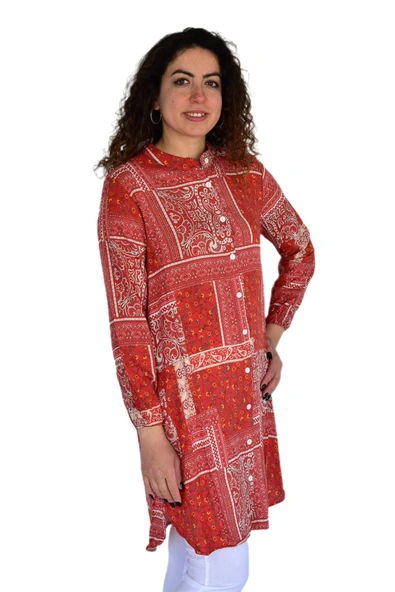 Kadın Uzun Pano Baskılı Desen Viscon Bluz BGL-ST04295 - Resim 10