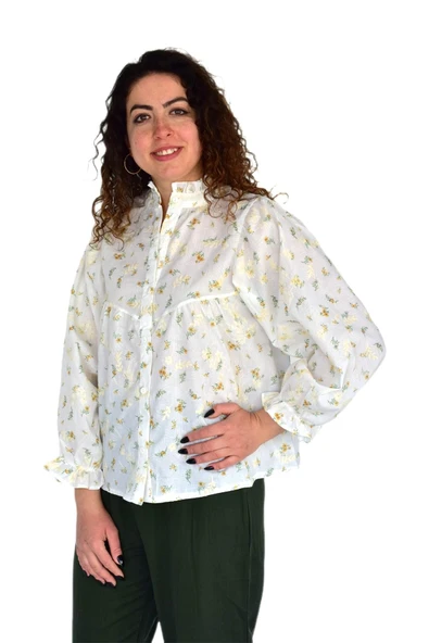 Kadın Yazlık Otantik Çiçekli Hakim Yaka Gömlek BGL-ST04251 - Resim 3