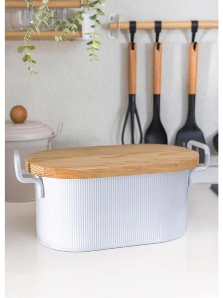THE MİA STRİPE AHŞAP KAPAKLI EKMEK SAKLAMA KUTUSU BEYAZ 40*22*18 CM - 2