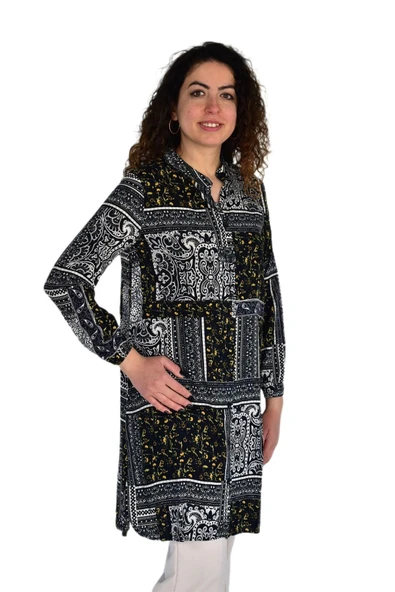 Kadın Uzun Pano Baskılı Desen Viscon Bluz BGL-ST04295 - Resim 8