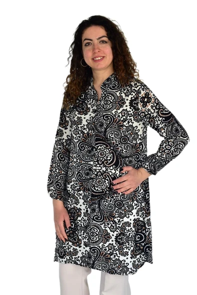 Kadın Uzun Pano Baskılı Desen Viscon Bluz BGL-ST04295 - Resim 6