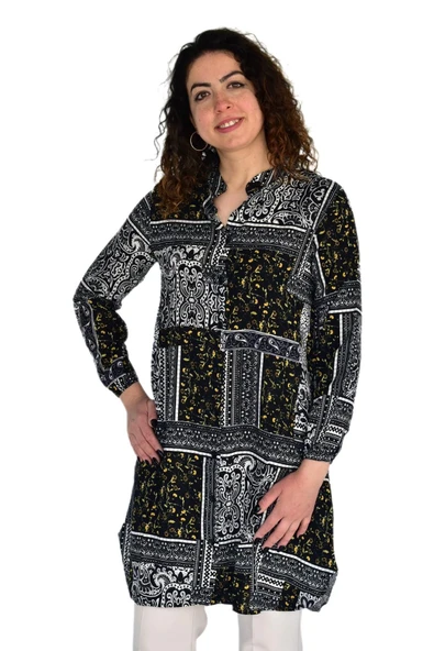 Kadın Uzun Pano Baskılı Desen Viscon Bluz BGL-ST04295 - Resim 3