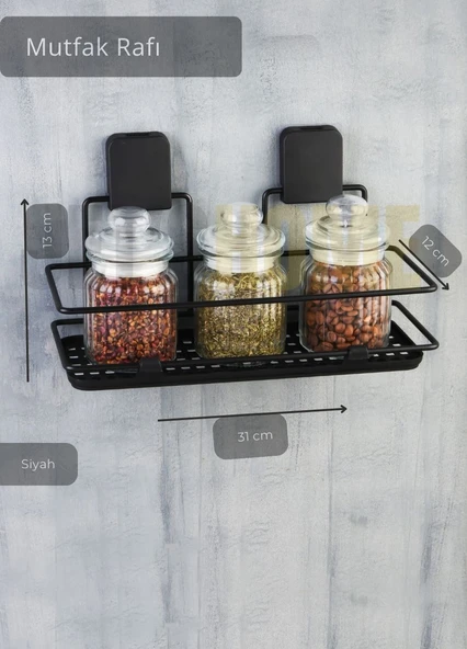 Mutfak Rafı Paslanmaz Banyo Rafı Yapışkanlı Baharatlık Tek Katlı Köşelik Şampuanlık Siyah 12x31x13 - Resim 2
