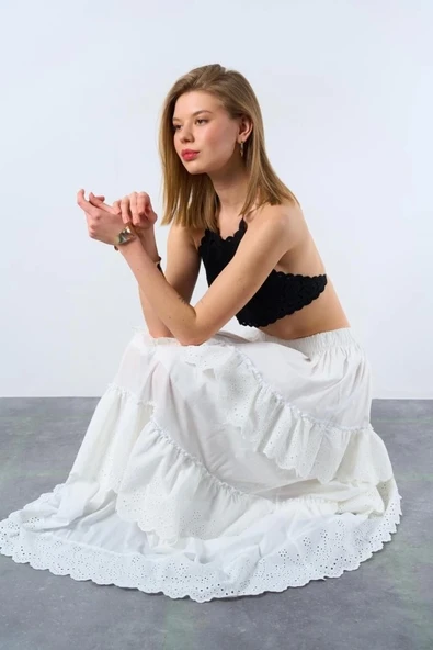 Katlı Pileli Etek - Ekru - 4