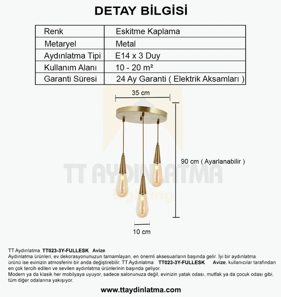 TT Aydınlatma TT023-3Y-FULLESK  Eskitme Kaplama 3 lü Damla Modeli Yuvarlak Avize - 4