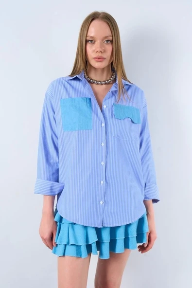 Çizgili Kol Cepli Gömlek - Mavi-Beyaz - Resim 2