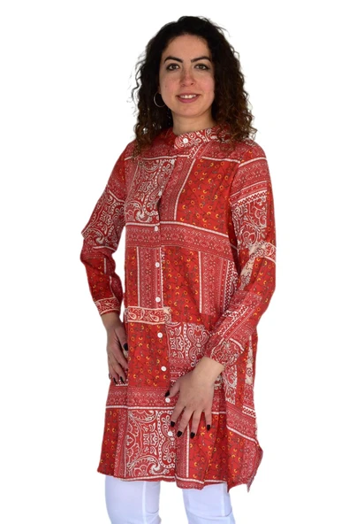 Kadın Uzun Pano Baskılı Desen Viscon Bluz BGL-ST04295 - Resim 2