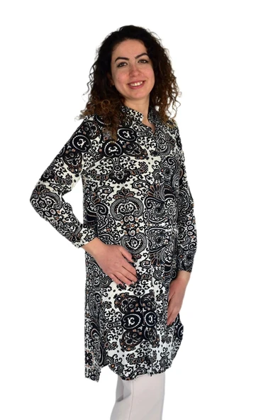 Kadın Uzun Pano Baskılı Desen Viscon Bluz BGL-ST04295 - Resim 9