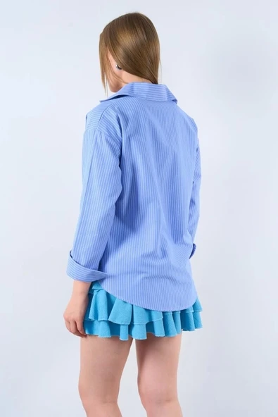 Çizgili Kol Cepli Gömlek - Mavi-Beyaz - Resim 5