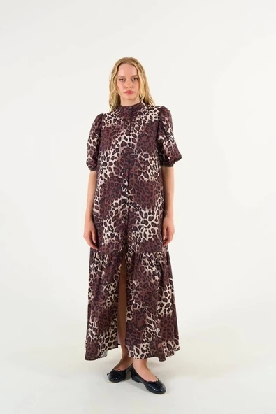Kısa Kollu Leoparlı Elbise - Leopar