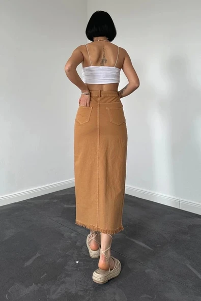 Camel Gabardin Boyamalı Püsküllü Etek - 2