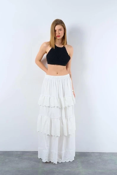 Katlı Pileli Etek - Ekru - 2