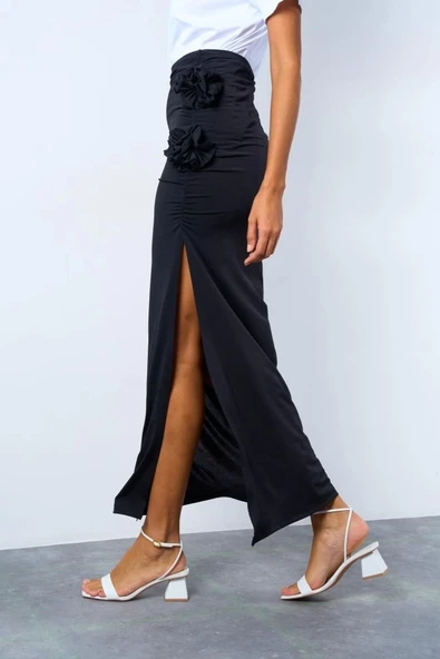 Yandan Büzgülü Güllü Etek - Siyah - 3