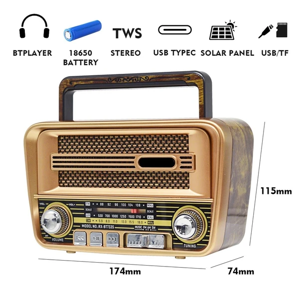 Concord RX-BT733S  Solar Güneş Enerji Panelli Nostaljik Radyo Bluetooth Hoparlör - 6