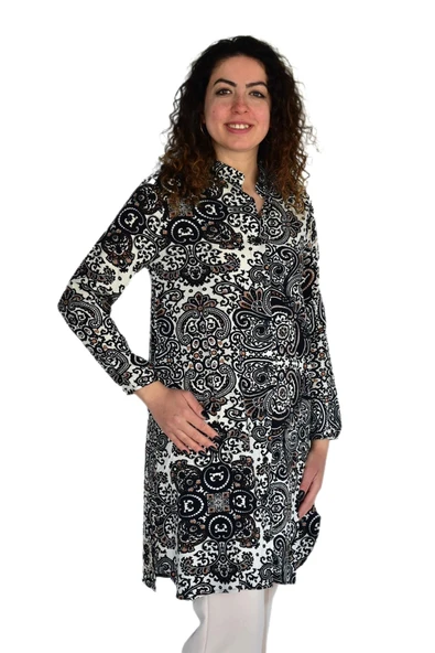 Kadın Uzun Pano Baskılı Desen Viscon Bluz BGL-ST04295 - Resim 4