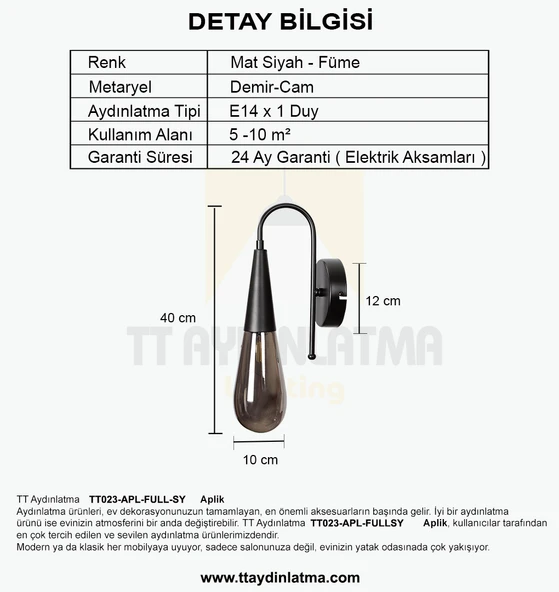 TT Aydınlatma TT023-APL-FULLSY  Damla Modeli Full Siyah Tekli Aplik - 4