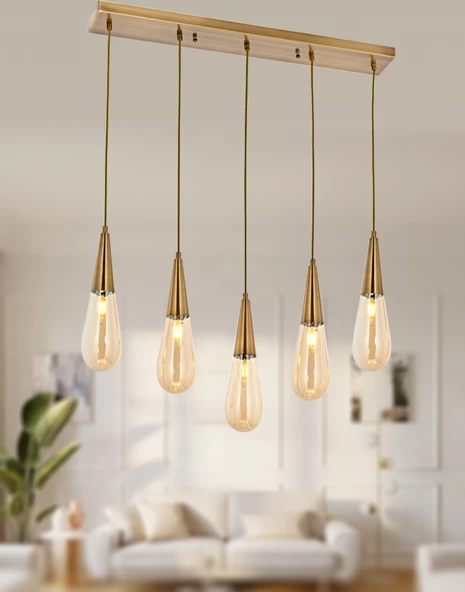 TT Aydınlatma TT023-5S-FULLESK  Full Eskitme Kaplama 5 li Damla Modeli Sıralı Avize - Resim 3