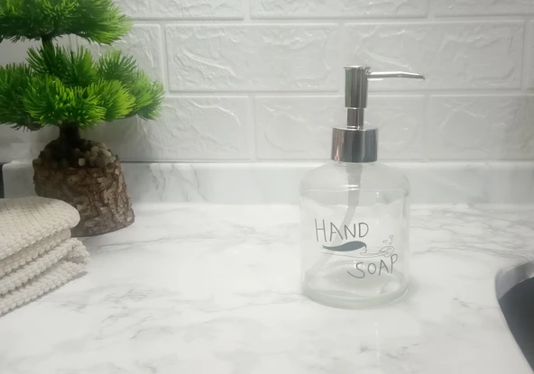 CAM SIVI SABUNLUK,EL SABUNU YAZILI 300ML BANYO SETİ  7,6X15,5CM - Resim 2