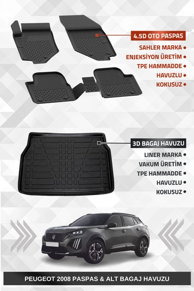 Sahler Peugeot 2008 2019+ Uyumlu 4.5d Premium Havuzlu Paspas ve Liner Marka 3D ALT Bagaj Havuzu ürün görseli