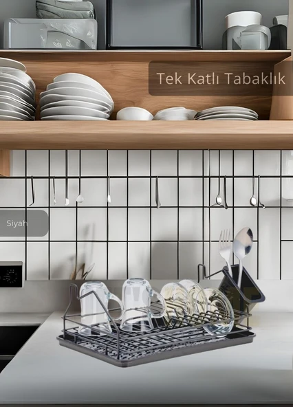 Tek Katlı Bulaşıklık Tezgah Üstü Tabaklık BPA FREE Bulaşık Sepeti Siyah