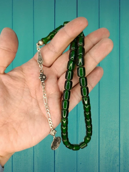 Çubuk Kehribar Tesbih Yeşil Renk Kapsül Kesim 12mmx8mm T-100 ürün görseli 1