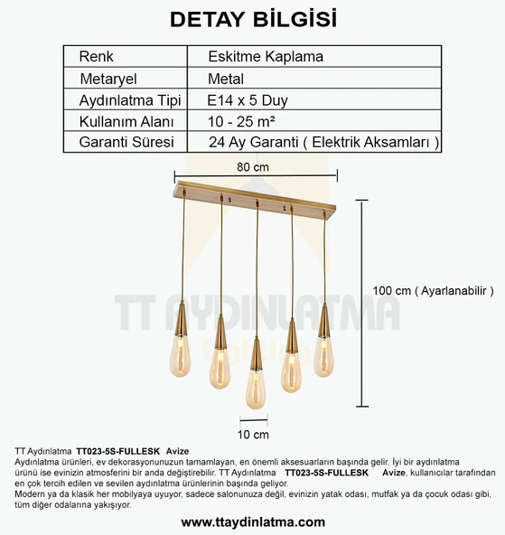 TT Aydınlatma TT023-5S-FULLESK  Full Eskitme Kaplama 5 li Damla Modeli Sıralı Avize - Resim 4