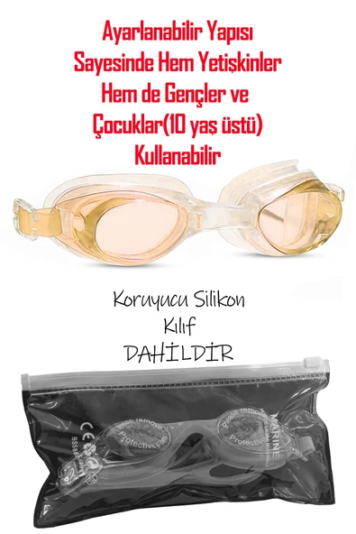 2li SET Boneli Yetişkin Yüzücü Gözlüğü Kılıflı Su Geçirmez Yüzme Havuz Deniz Gözlük Turuncu 1015 - 4