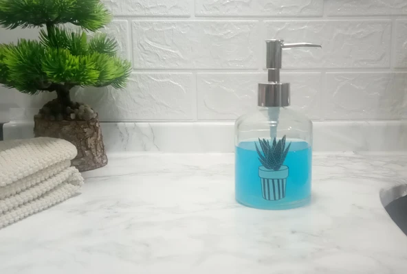 CAM SIVI SABUNLUK,KAKTÜS 1 DESEN 300ML BANYO SETİ 7,6X15,5CM
