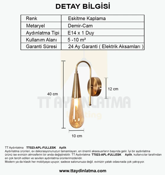 TT Aydınlatma TT023-APL-FULLESK  Damla Modeli Full Eskitme Tekli Aplik - 4