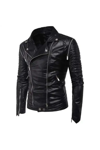 NYC GİYİM TEKSTİL Hakiki kuzu derisi omuzları dikey süs fermuarlı biker mont