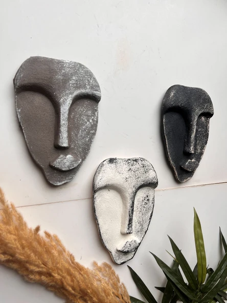 El Yapımı Taş Heykel Soyut Yüz Maske 3'li Set, Modern beton, eskitme taş görünümlü duvar dekor - 2