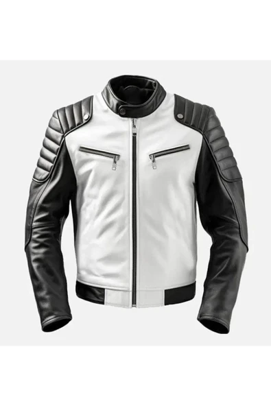 NYC GİYİM TEKSTİL Prof Model Siyah Ve Beyaz Hakiki Koyun Derisi Entegreli Spor Mont
